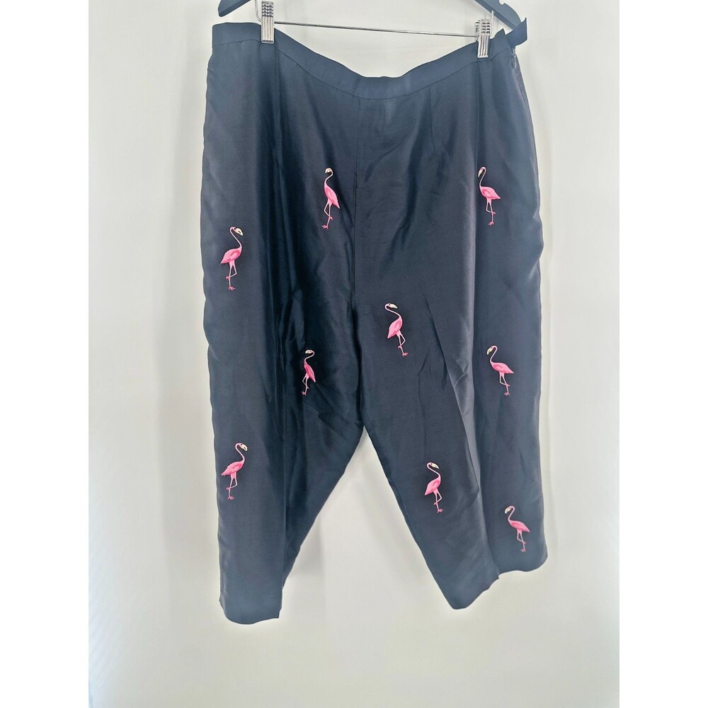 S.L.B. Vintage 100% Silk Black Cropped Embroidered Pink Flamingo Trousers Sz 22